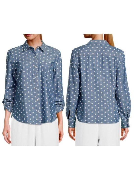 Tommy Hilfiger Tops - Tommy Hilfiger Women's Chambray Roll Tab Sleeve Polka Dot Print Shirt Size S/P
